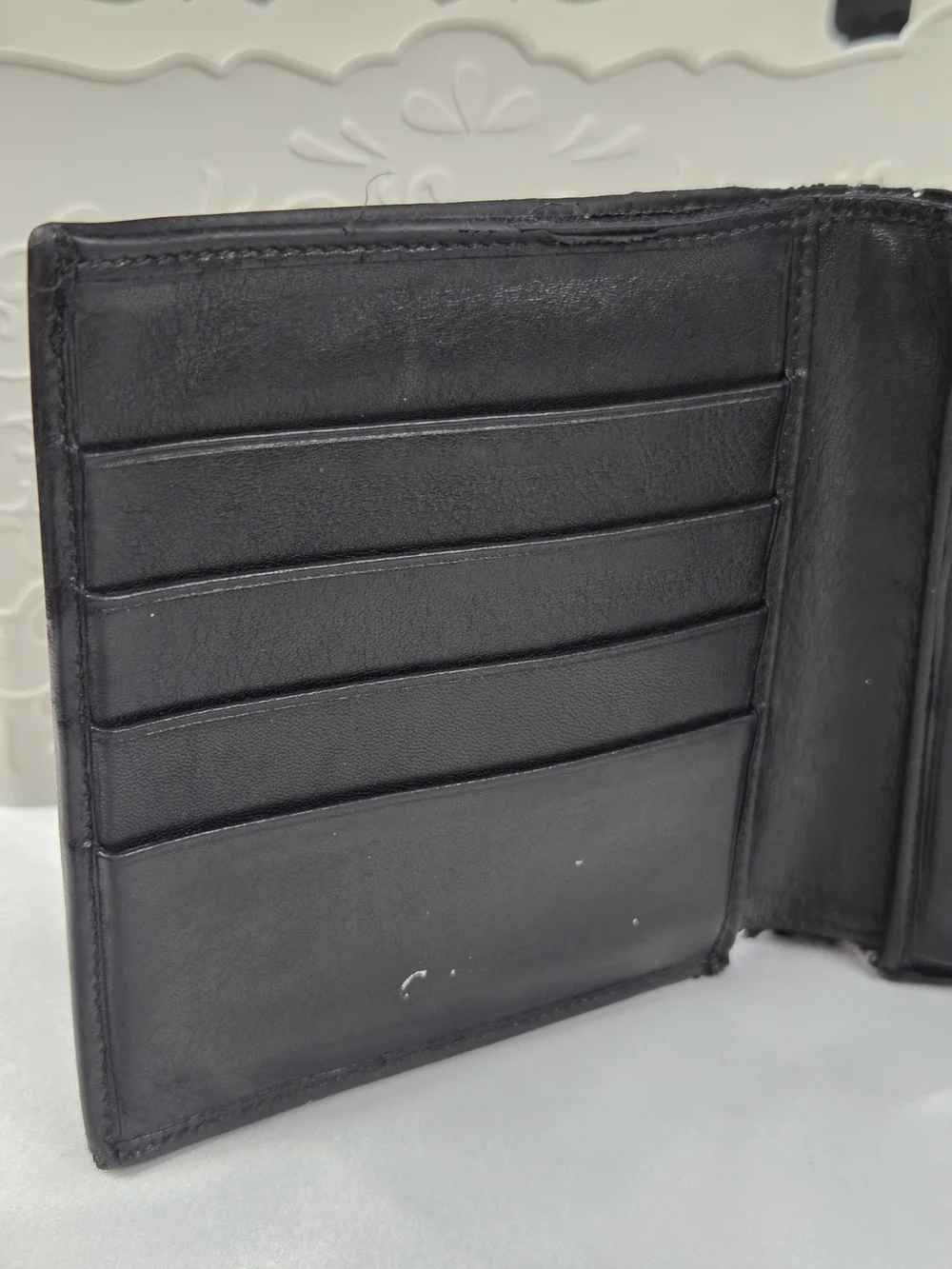 Authentic Cartier Black Leather Tri-Fold Wallet Gold Logo Vintage